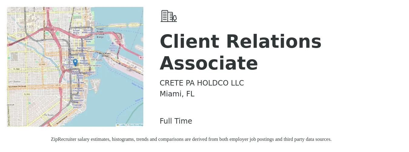 CRETE PA HOLDCO LLC job posting for a Client Relations Associate in Miami, FL with a salary of $38,300 to $47,800 Yearly with a map of Miami location.