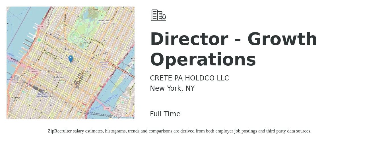 CRETE PA HOLDCO LLC job posting for a Director - Growth Operations in New York, NY with a salary of $83,100 to $149,200 Yearly with a map of New York location.