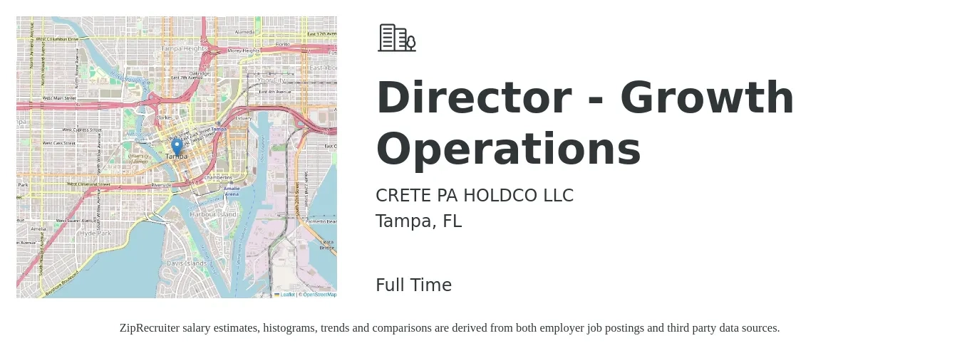CRETE PA HOLDCO LLC job posting for a Director - Growth Operations in Tampa, FL with a salary of $71,300 to $128,000 Yearly with a map of Tampa location.