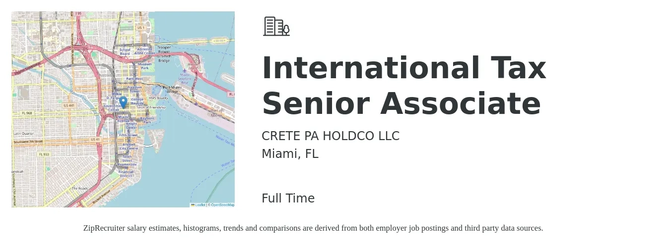 CRETE PA HOLDCO LLC job posting for a International Tax Senior Associate in Miami, FL with a salary of $78,000 to $96,600 Yearly with a map of Miami location.