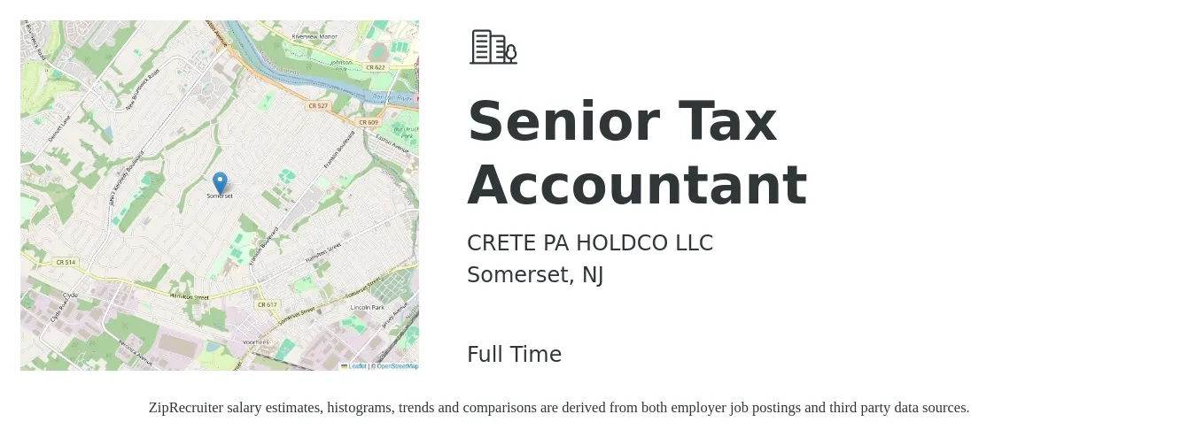 CRETE PA HOLDCO LLC job posting for a Senior Tax Accountant in Somerset, NJ with a salary of $86,600 to $110,900 Yearly with a map of Somerset location.