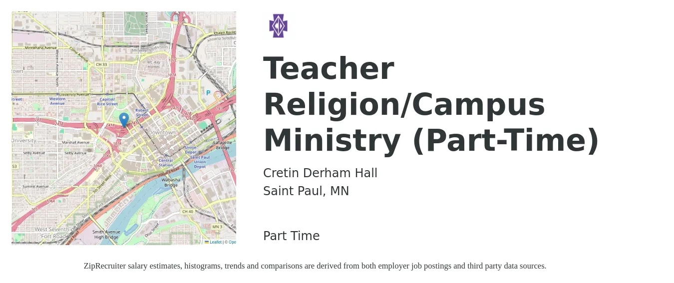 Cretin Derham Hall job posting for a Teacher Religion/Campus Ministry (Part-Time) in Saint Paul, MN with a map of Saint Paul location.