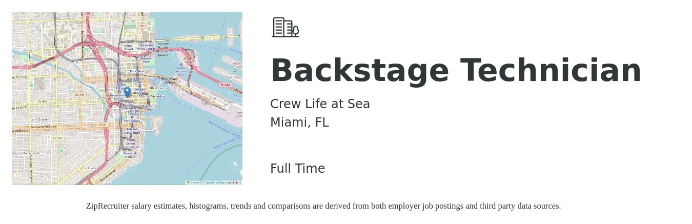 Crew Life at Sea job posting for a Backstage Technician in Miami, FL with a map of Miami location.