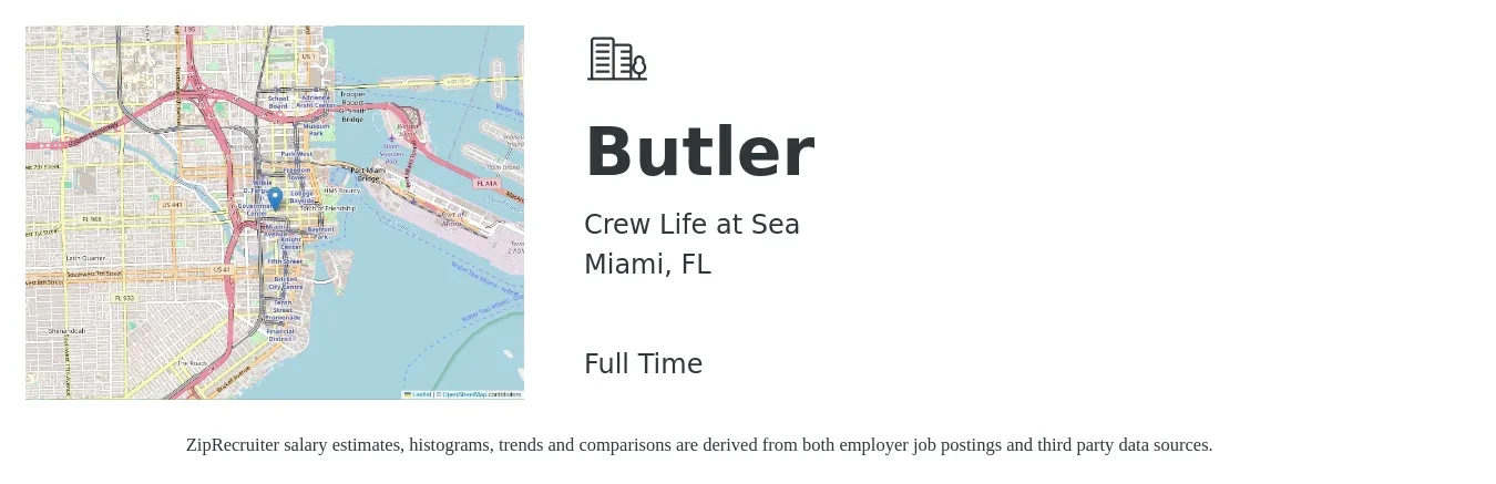 Crew Life at Sea job posting for a Butler in Miami, FL with a salary of $10 to $16 Hourly with a map of Miami location.