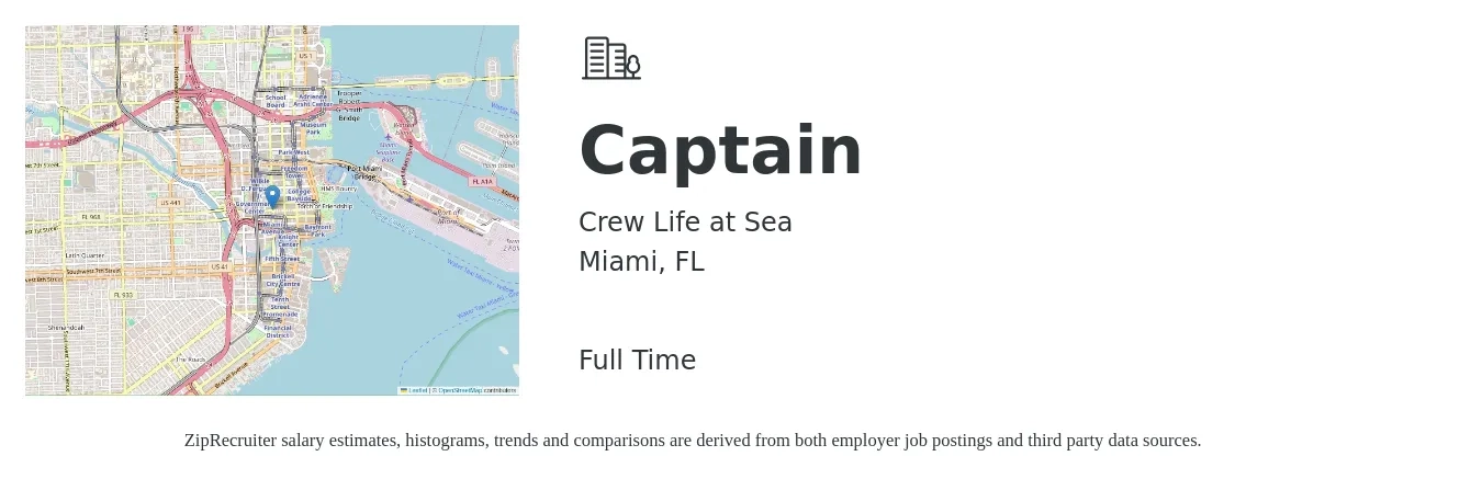 Crew Life at Sea job posting for a Captain in Miami, FL with a salary of $66,000 to $122,400 Yearly with a map of Miami location.