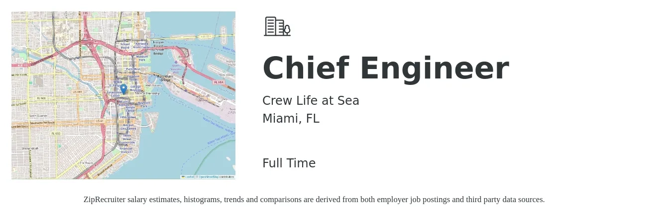 Crew Life at Sea job posting for a Chief Engineer in Miami, FL with a salary of $56,400 to $114,800 Yearly with a map of Miami location.