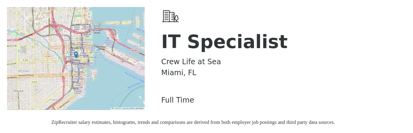 Crew Life at Sea job posting for a IT Specialist in Miami, FL with a salary of $44,500 to $106,600 Yearly with a map of Miami location.