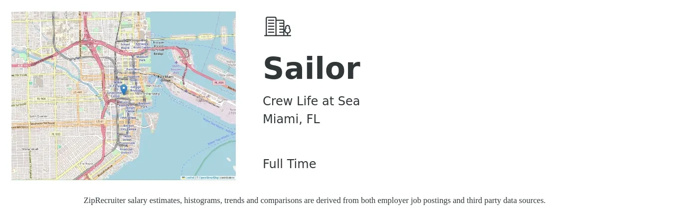 Crew Life at Sea job posting for a Sailor in Miami, FL with a salary of $18 to $25 Hourly with a map of Miami location.