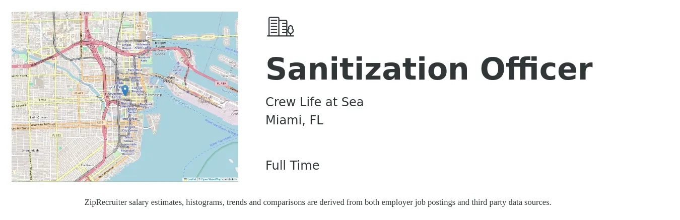 Crew Life at Sea job posting for a Sanitization Officer in Miami, FL with a salary of $80,800 to $197,000 Yearly with a map of Miami location.