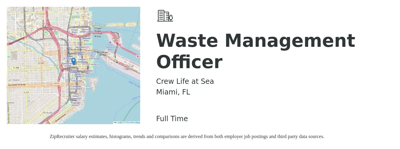 Crew Life at Sea job posting for a Waste Management Officer in Miami, FL with a salary of $45,900 to $68,900 Yearly with a map of Miami location.