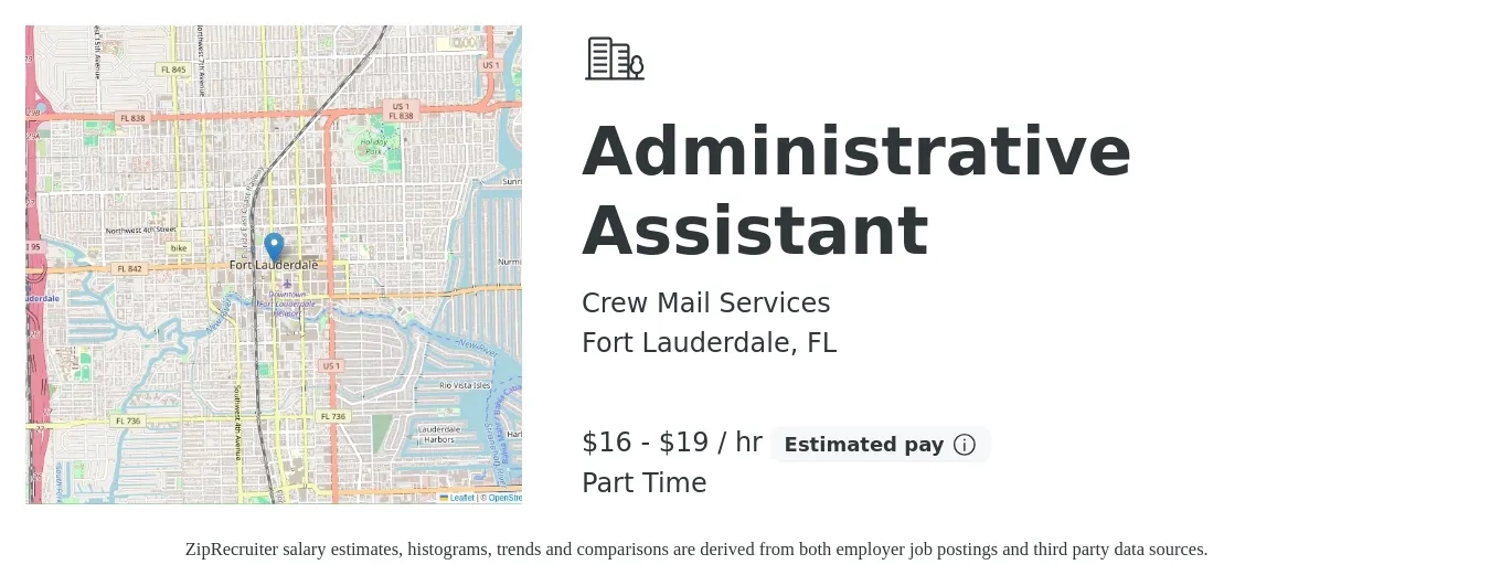 Crew Mail Services job posting for a Administrative Assistant in Fort Lauderdale, FL with a salary of $17 to $20 Hourly with a map of Fort Lauderdale location.
