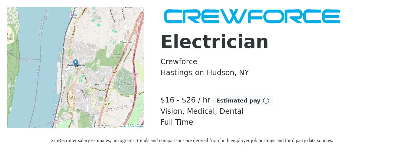 Crewforce job posting for a Electrician in Hastings-on-Hudson, NY with a salary of $17 to $28 Hourly and benefits including vision, dental, life_insurance, medical, and retirement with a map of Hastings-on-Hudson location.