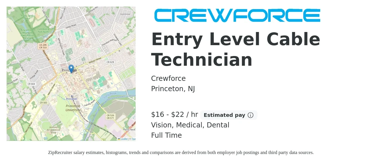 Crewforce job posting for a Entry Level Cable Technician in Princeton, NJ with a salary of $17 to $23 Hourly and benefits including medical, retirement, vision, and dental with a map of Princeton location.