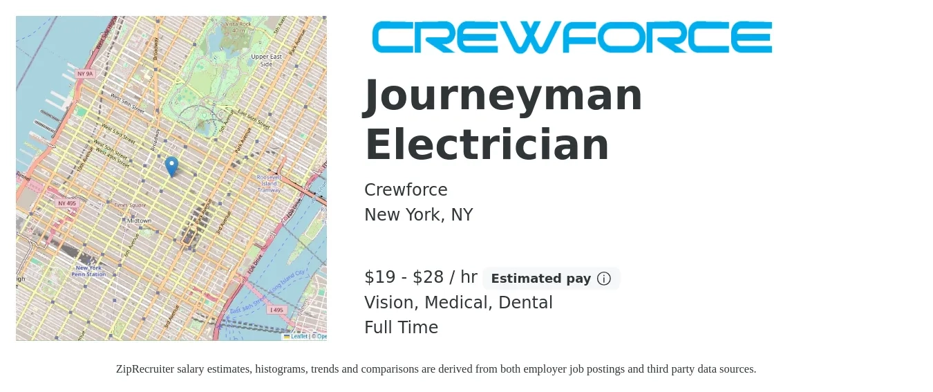 Crewforce job posting for a Journeyman Electrician in New York, NY with a salary of $25 to $35 Hourly with a map of New York location.