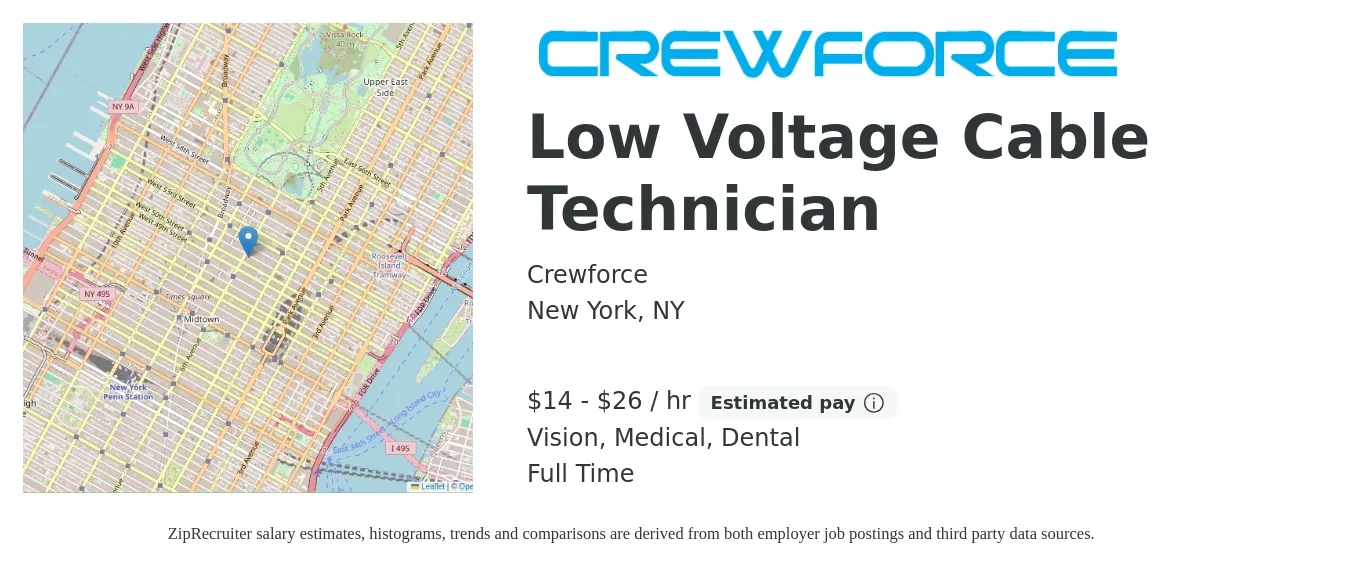 Crewforce job posting for a Low Voltage Cable Technician in New York, NY with a salary of $15 to $28 Hourly and benefits including vision, dental, life_insurance, medical, and retirement with a map of New York location.
