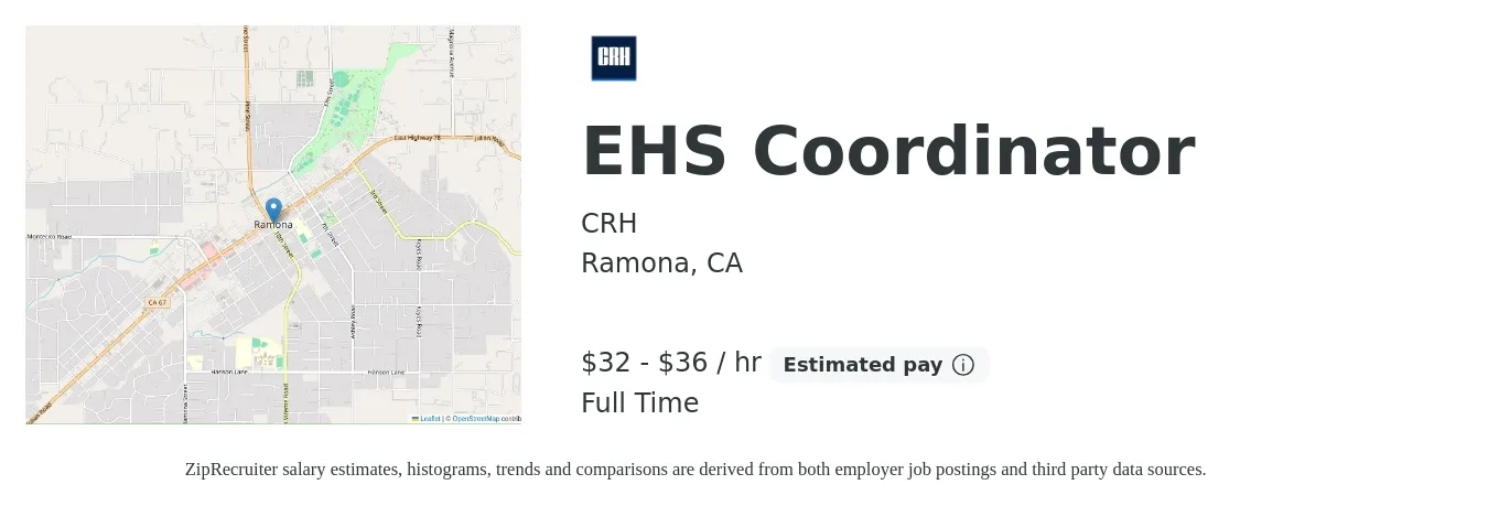 CRH job posting for a EHS Coordinator in Ramona, CA with a salary of $34 to $38 Hourly with a map of Ramona location.