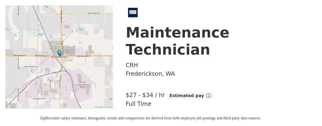 CRH job posting for a Maintenance Technician in Frederickson, WA with a salary of $29 to $36 Hourly with a map of Frederickson location.