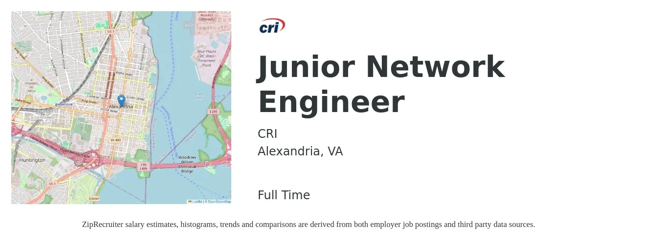 CRI job posting for a Junior Network Engineer in Alexandria, VA with a salary of $50,100 to $74,900 Yearly with a map of Alexandria location.