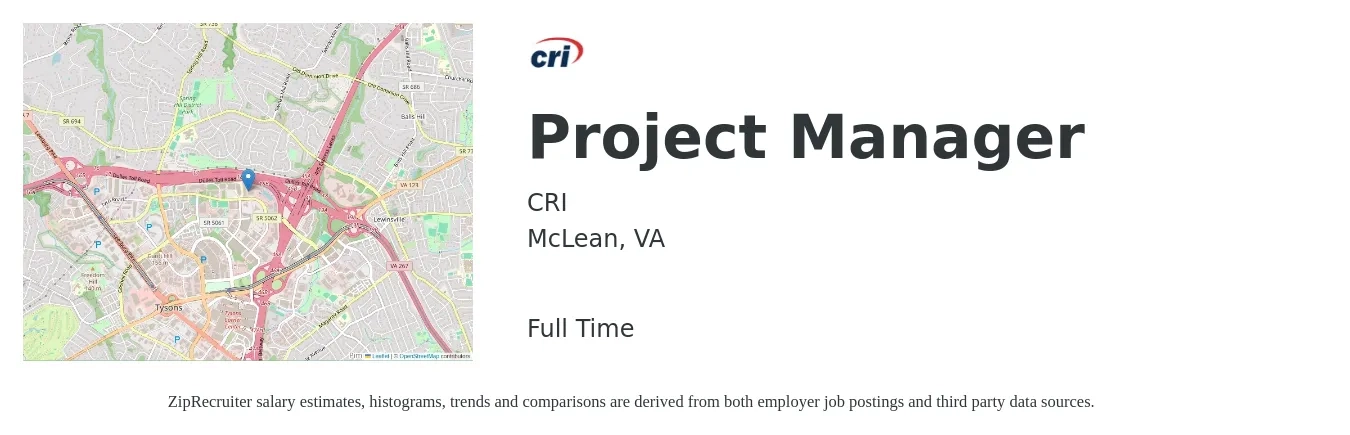 CRI job posting for a Project Manager in McLean, VA with a salary of $79,400 to $124,300 Yearly with a map of McLean location.