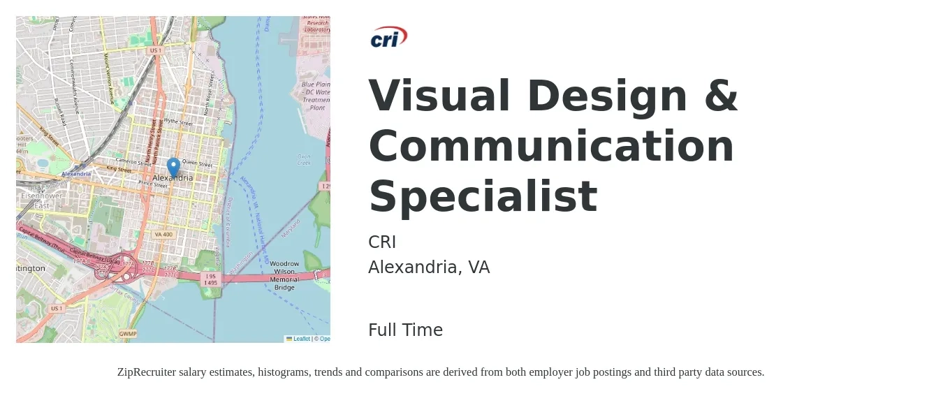 CRI job posting for a Visual Design & Communication Specialist in Alexandria, VA with a salary of $55,500 to $83,200 Yearly with a map of Alexandria location.