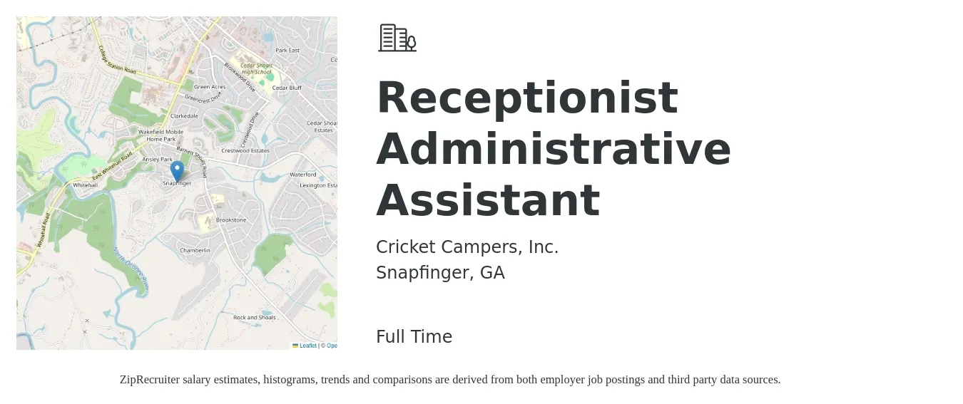 Cricket Campers, Inc. job posting for a Receptionist Administrative Assistant in Snapfinger, GA with a salary of $14 to $18 Hourly with a map of Snapfinger location.