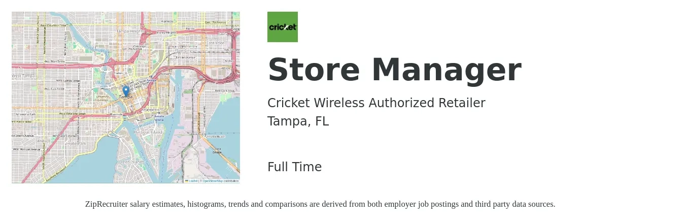 Cricket Wireless Authorized Retailer job posting for a Store Manager in Tampa, FL with a salary of $6,500 Monthly with a map of Tampa location.