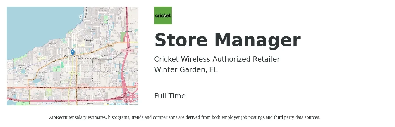 Cricket Wireless Authorized Retailer job posting for a Store Manager in Winter Garden, FL with a salary of $6,500 Monthly with a map of Winter Garden location.