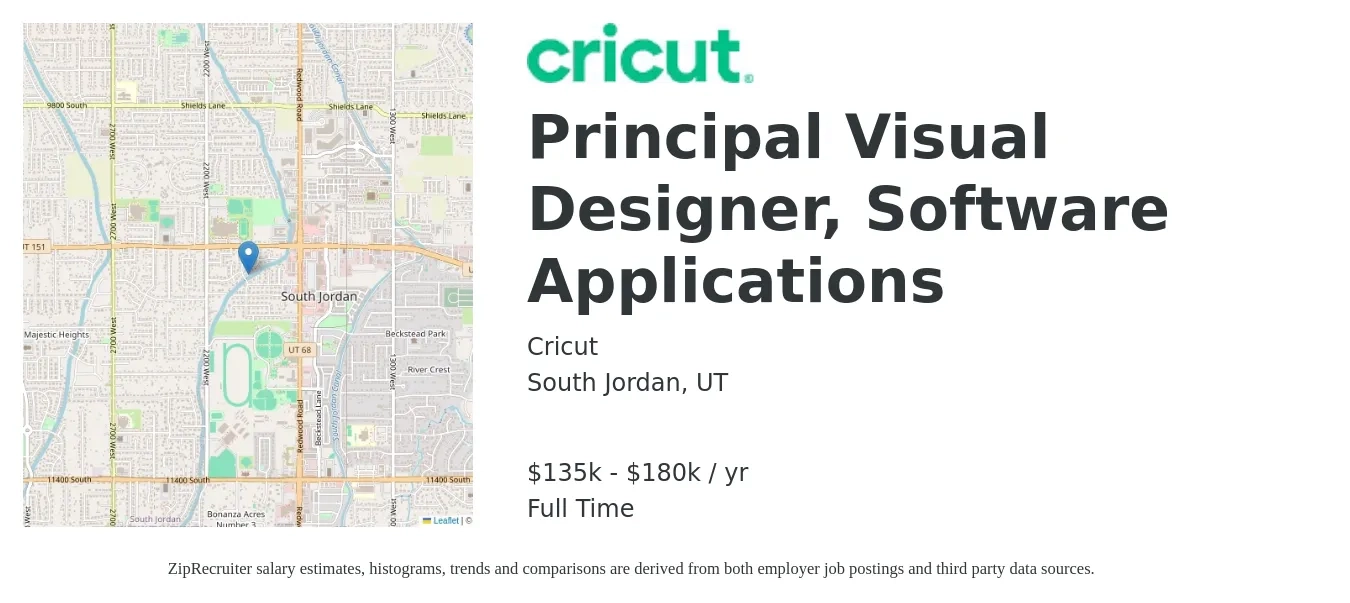 Cricut job posting for a Principal Visual Designer, Software Applications in South Jordan, UT with a salary of $59 to $71 Hourly with a map of South Jordan location.