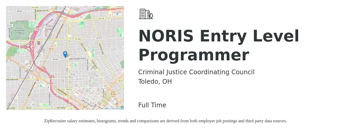 Criminal Justice Coordinating Council job posting for a NORIS Entry Level Programmer in Toledo, OH with a salary of $18 to $24 Hourly with a map of Toledo location.