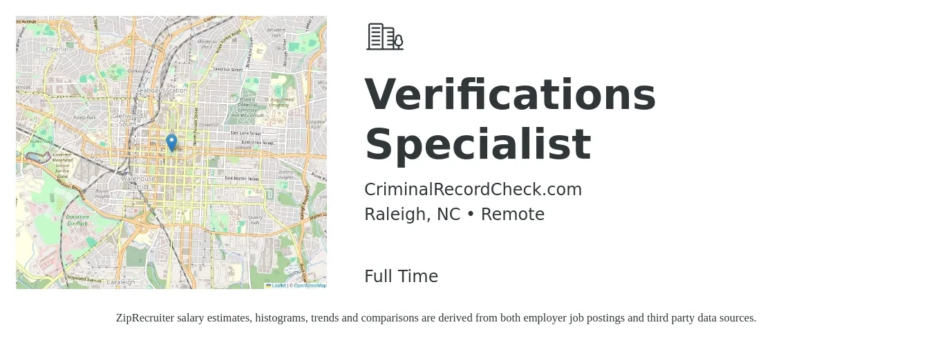 CriminalRecordCheck.com job posting for a Verifications Specialist in Raleigh, NC with a salary of $15 Hourly with a map of Raleigh location.