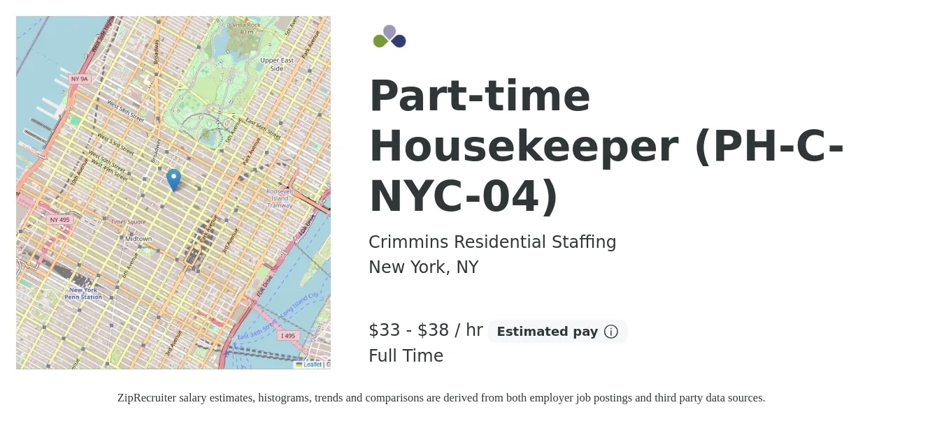 Crimmins Residential Staffing job posting for a Part-time Housekeeper (PH-C-NYC-04) in New York, NY with a salary of $35 to $40 Hourly with a map of New York location.