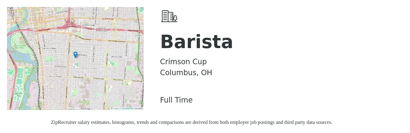 Crimson Cup job posting for a Barista in Columbus, OH with a salary of $14 to $16 Hourly with a map of Columbus location.