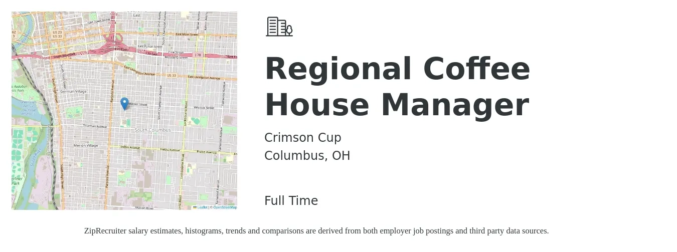 Crimson Cup job posting for a Regional Coffee House Manager in Columbus, OH with a map of Columbus location.