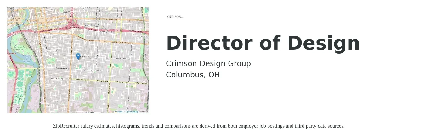Crimson Design Group job posting for a Director of Design in Columbus, OH with a salary of $105,800 to $157,500 Yearly with a map of Columbus location.