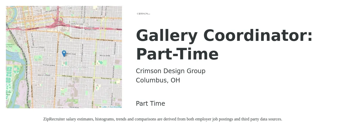 Crimson Design Group job posting for a Gallery Coordinator: Part-Time in Columbus, OH with a salary of $18 to $24 Hourly with a map of Columbus location.