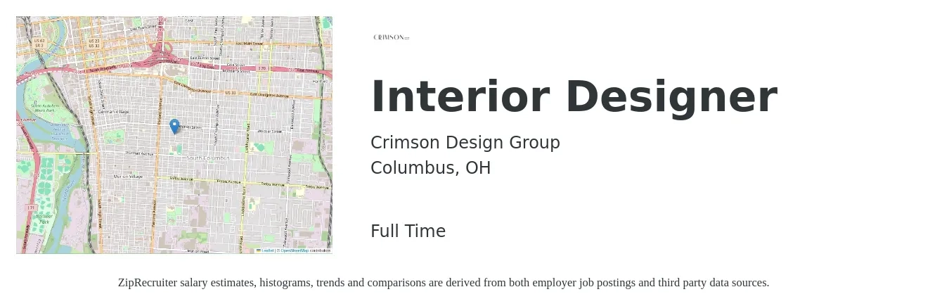 Crimson Design Group job posting for a Interior Designer in Columbus, OH with a salary of $56,000 to $80,200 Yearly with a map of Columbus location.