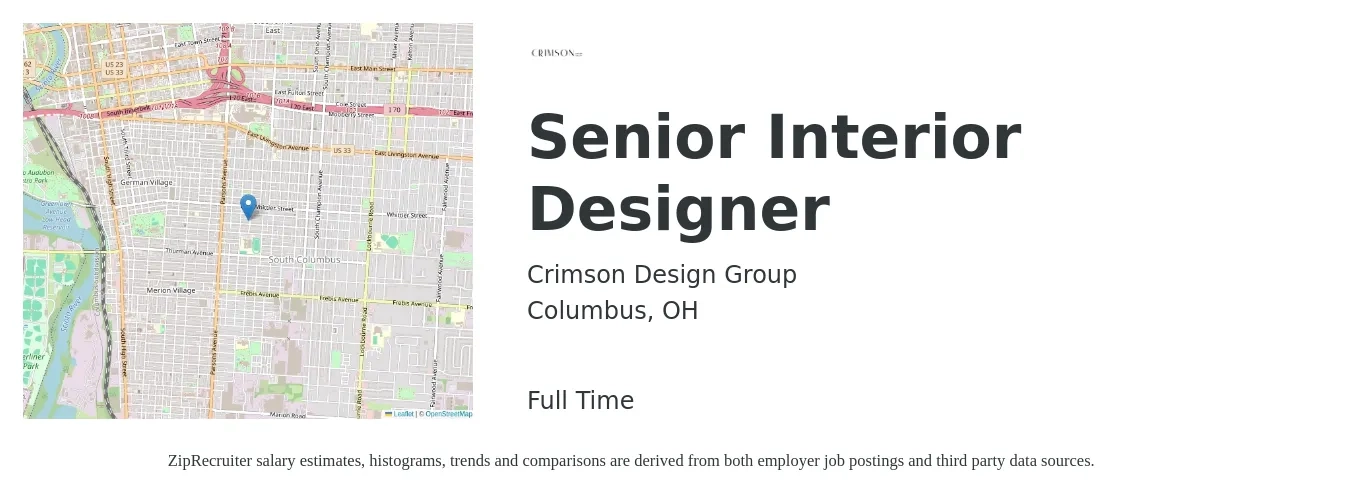 Crimson Design Group job posting for a Senior Interior Designer in Columbus, OH with a salary of $70,000 to $101,400 Yearly with a map of Columbus location.