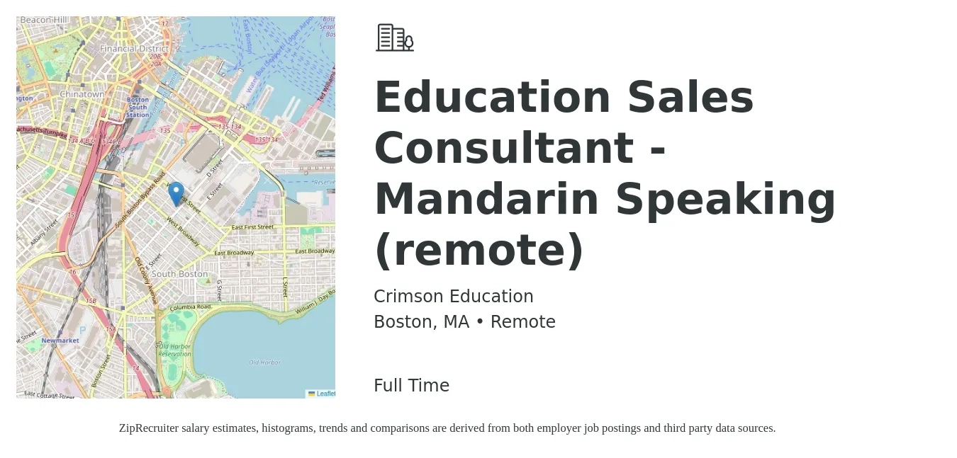 Crimson Education job posting for a Education Sales Consultant - Mandarin Speaking (remote) in Boston, MA with a salary of $73,300 to $97,200 Yearly with a map of Boston location.