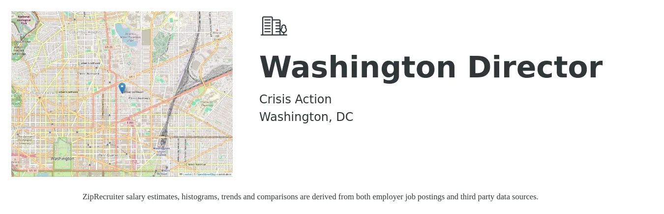 Crisis Action job posting for a Washington Director in Washington, DC with a salary of $90,000 to $120,000 Yearly with a map of Washington location.