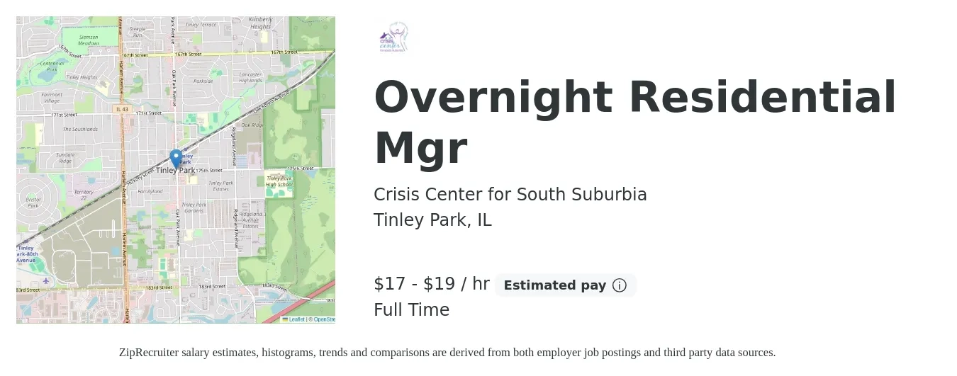 Crisis Center for South Suburbia job posting for a Overnight Residential Mgr in Tinley Park, IL with a salary of $19 to $20 Hourly with a map of Tinley Park location.