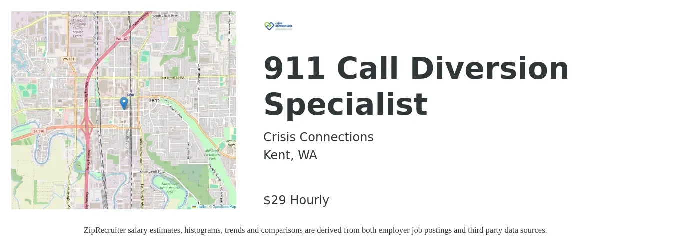 Crisis Connections job posting for a 911 Call Diversion Specialist in Kent, WA with a salary of $30 Hourly with a map of Kent location.