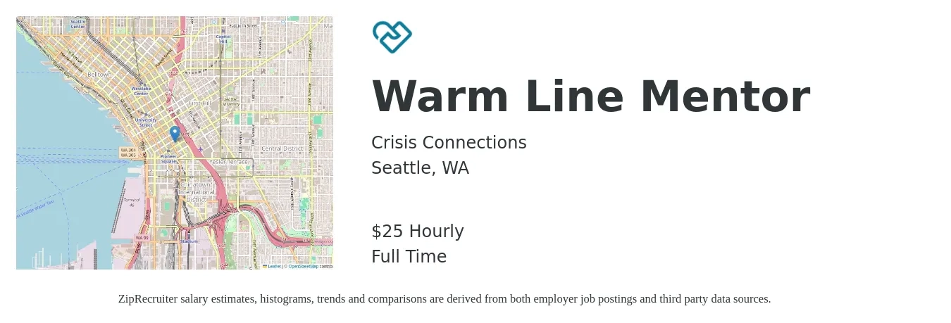 Crisis Connections job posting for a Warm Line Mentor in Seattle, WA with a salary of $26 Hourly with a map of Seattle location.