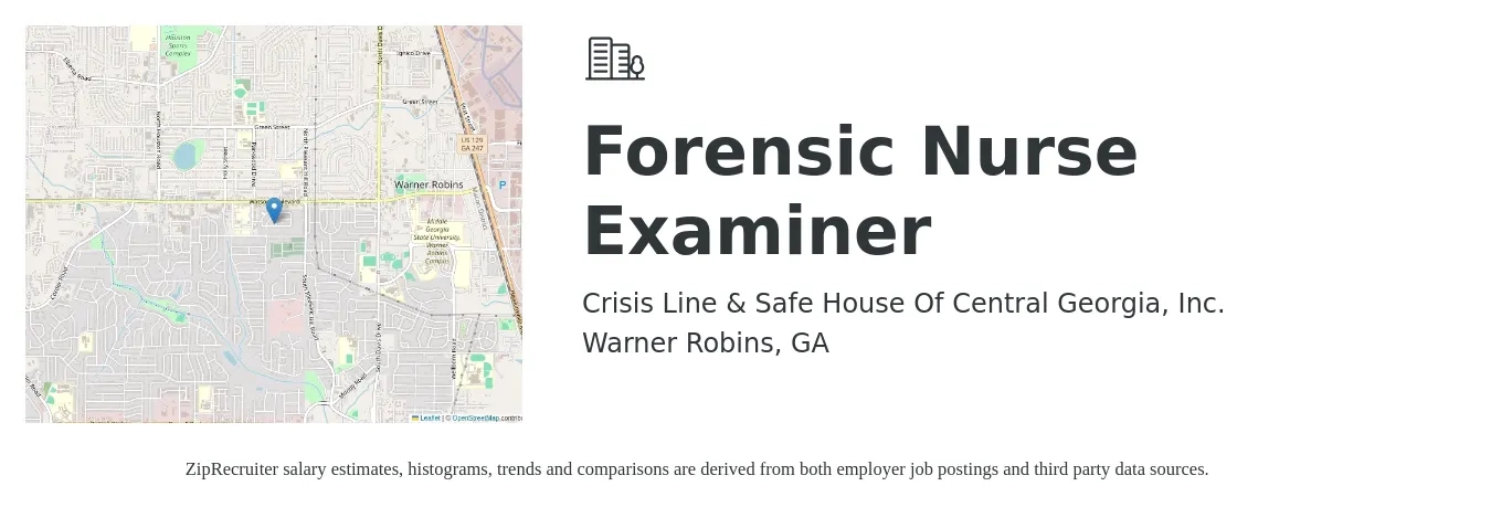 Crisis Line & Safe House Of Central Georgia, Inc. job posting for a Forensic Nurse Examiner in Warner Robins, GA with a salary of $22 to $36 Hourly with a map of Warner Robins location.