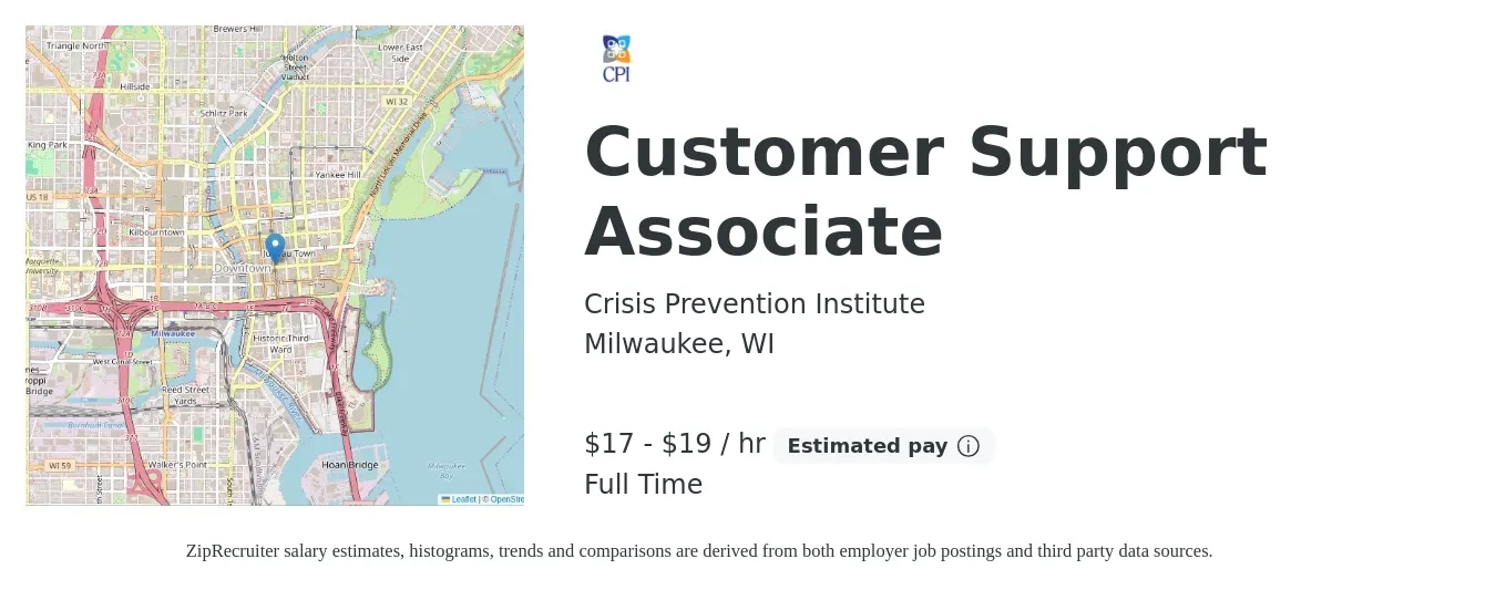 Crisis Prevention Institute job posting for a Customer Support Associate in Milwaukee, WI with a salary of $18 to $20 Hourly with a map of Milwaukee location.