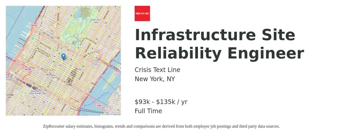 Crisis Text Line job posting for a Infrastructure Site Reliability Engineer in New York, NY with a salary of $93,000 to $135,000 Yearly with a map of New York location.