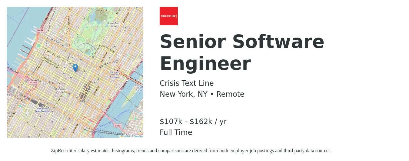 Crisis Text Line job posting for a Senior Software Engineer in New York, NY with a salary of $107,000 to $162,000 Yearly with a map of New York location.