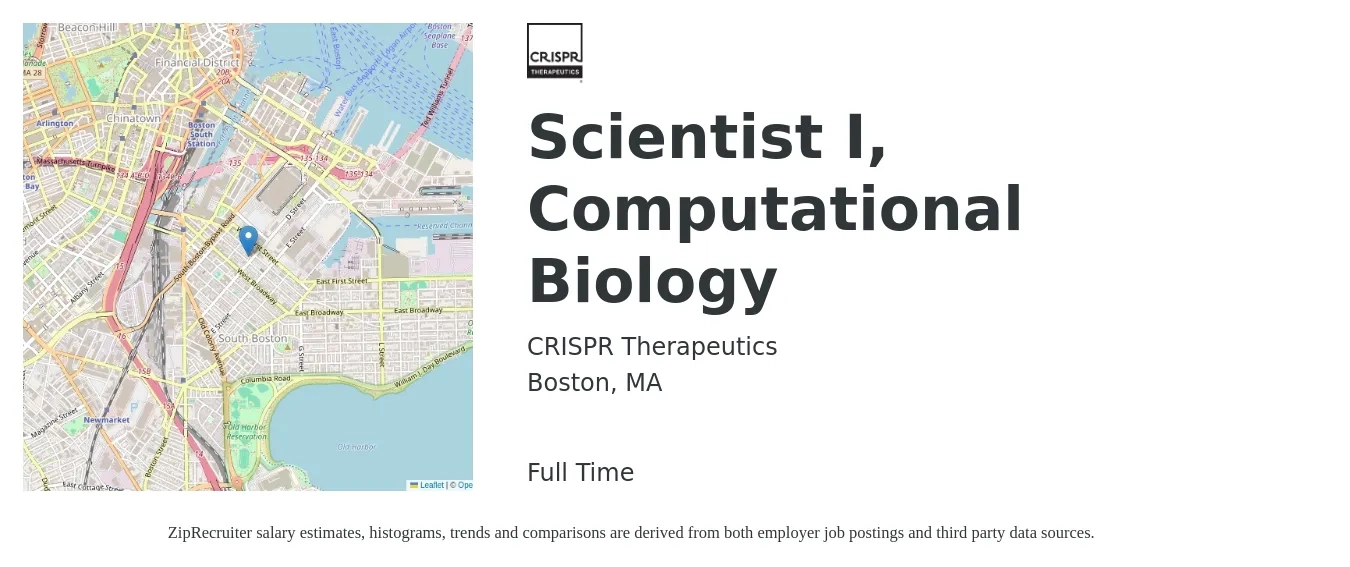CRISPR Therapeutics job posting for a Scientist I, Computational Biology in Boston, MA with a salary of $102,700 to $148,900 Yearly with a map of Boston location.
