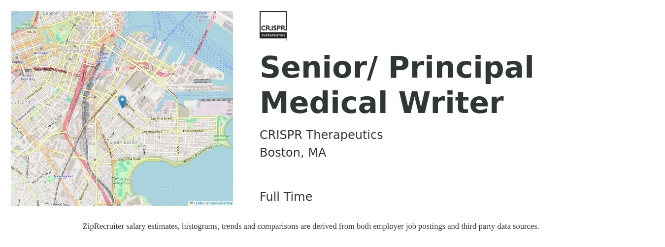 CRISPR Therapeutics job posting for a Senior/ Principal Medical Writer in Boston, MA with a salary of $113,000 to $180,400 Yearly with a map of Boston location.