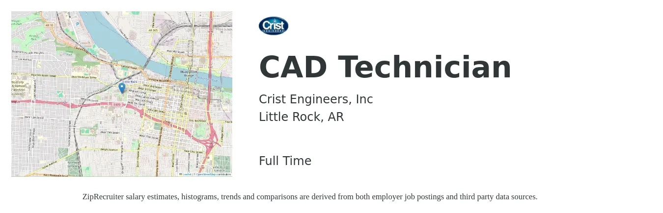 Crist Engineers, Inc job posting for a CAD Technician in Little Rock, AR with a salary of $18 to $26 Hourly with a map of Little Rock location.