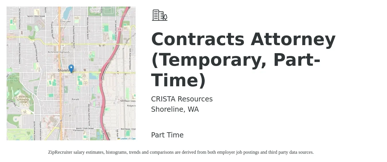 CRISTA Resources job posting for a Contracts Attorney (Temporary, Part-Time) in Shoreline, WA with a salary of $45 to $53 Hourly with a map of Shoreline location.